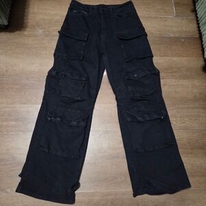 Rockstar Original Mens Baggy Fit Cargo Jeans Black Grunge Wide Leg RSM250 32